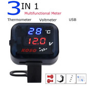 3 viename Koso motociklo temperatūros matuoklis LED voltmetras su USB prievadu moto termometrui
