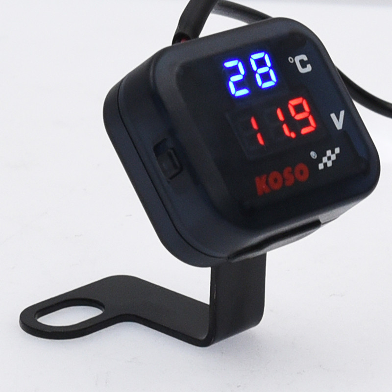 3 viename Koso motociklo temperatūros matuoklis LED voltmetras su USB prievadu moto termometrui