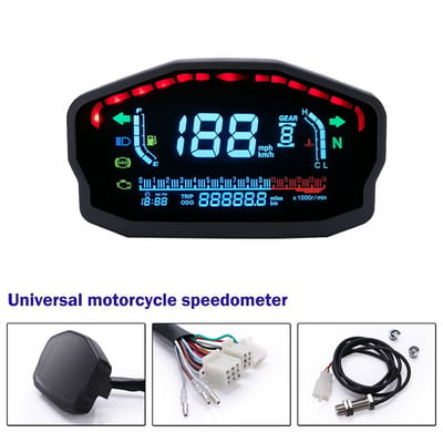 Universalus motociklo LED LCD spidometras skaitmeninis foninis apšvietimas vandeniui atsparus odometro tachometras, skirtas 1,2,4 cilindrų variklio elektronikai