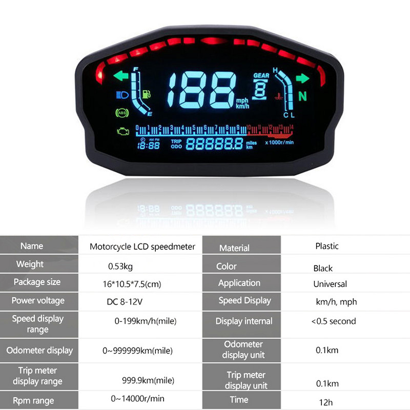 Univerzálny motocyklový LED LCD rýchlomer s digitálnym podsvietením, vodotesný počítadlo kilometrov, tachometer pre 1, 2, 4 valce, motorovú elektroniku