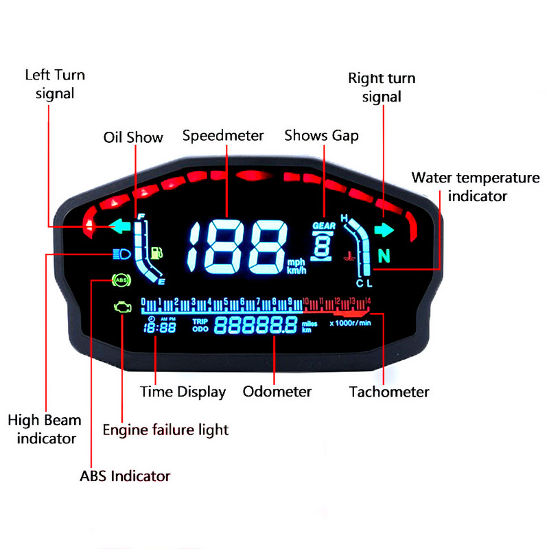 Univerzálny motocyklový LED LCD rýchlomer s digitálnym podsvietením, vodotesný počítadlo kilometrov, tachometer pre 1, 2, 4 valce, motorovú elektroniku