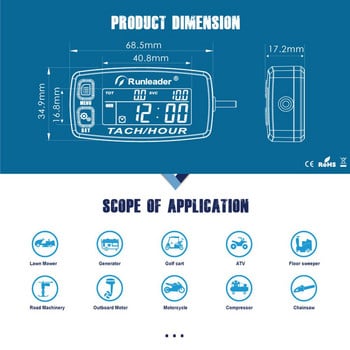 Επαγωγικό στροφόμετρο ειδοποίηση RPM Μετρητής ωρών κινητήρα με οπίσθιο φωτισμό Επαναρυθμιζόμενοι μετρητές ωρών Tacho για θεριστική μηχανή ATV μοτοσικλέτας HM032B