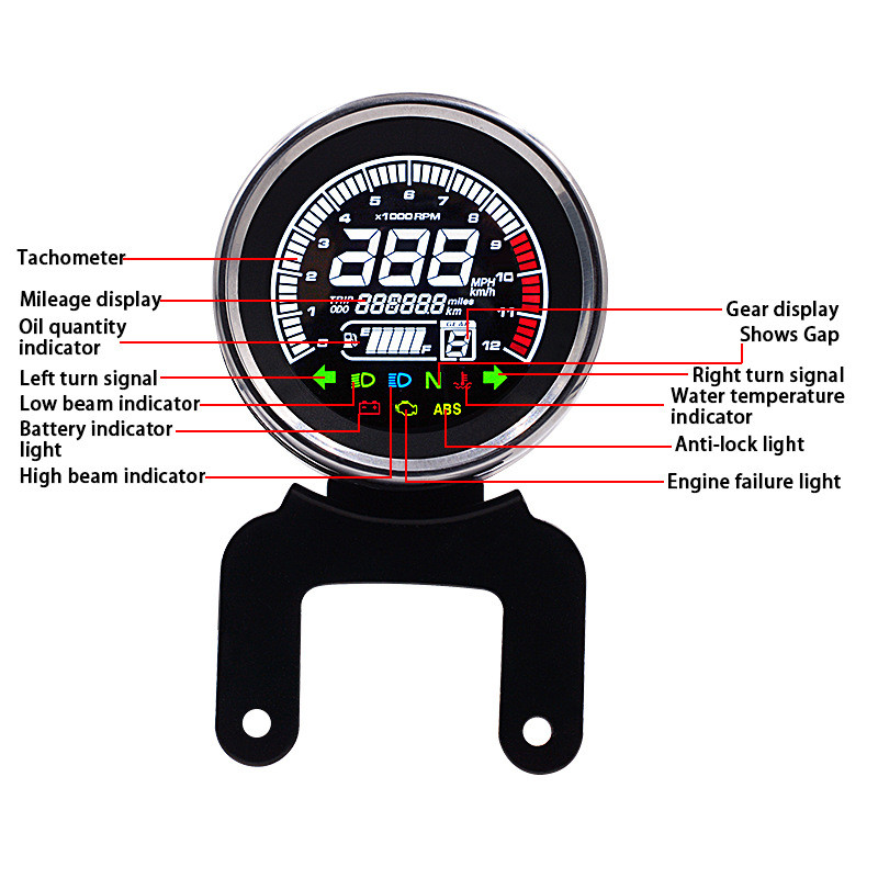 Többfunkciós mérőműszerek Műszerek Motorkerékpár Digitális kilométer-számláló Fordulatszámmérő Üzemanyagszint Sebességmérő Kijelző Led Kerek 12000rpm