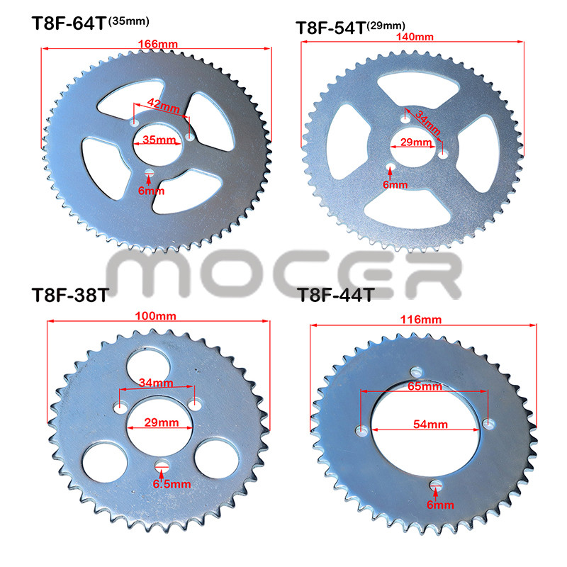 Motocykel T8F 38T 44T 54T 64T 74T zuby 29/35/54MM zadné ozubené koleso Mini Moto ATV Quad Dirt Pit Bike Pocket Cross 47cc 49cc diely
