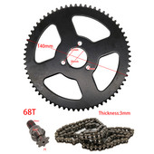 Pinion roată spate 25H 68 dinți și lanț de transmisie cu 68 legături și pinion pinion față T8F 7T pentru minibicicletă 49cc în 2 timpi neagră