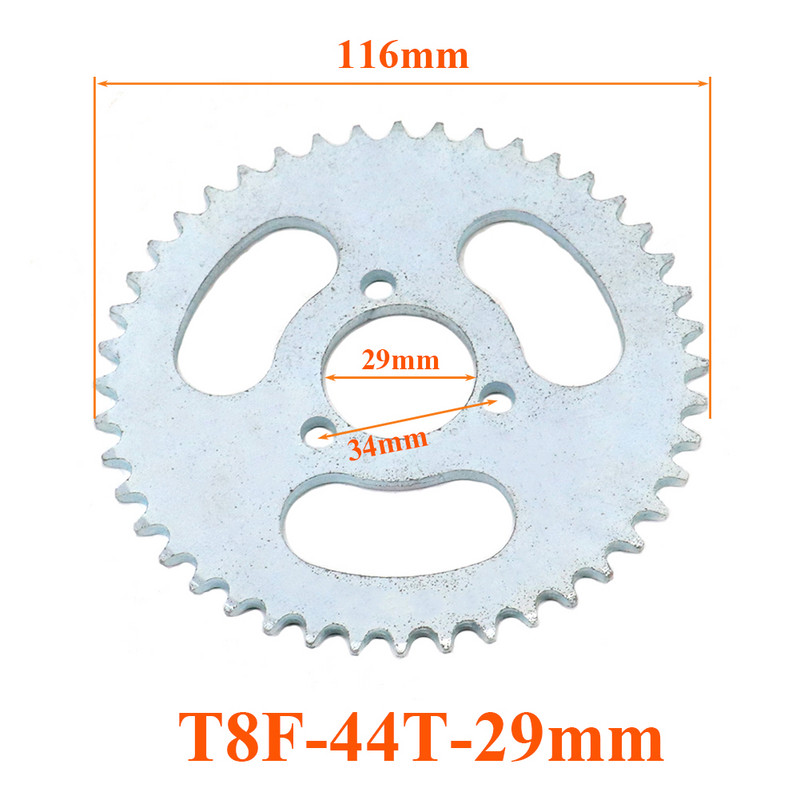 Zadné ozubené koleso T8F strieborné, T8F 38T 44T, zuby 29 mm pre 43cc 49cc Minimoto benzínové skútre Goped