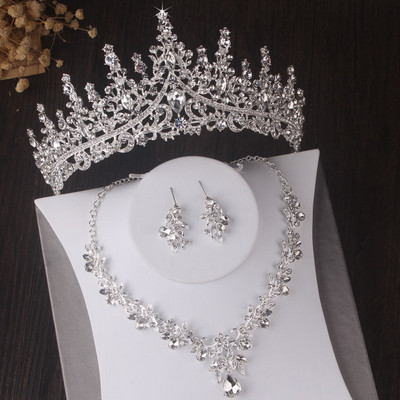 Puošnūs sidabro spalvos krištoliniai vestuvinių papuošalų rinkiniai Madingi Tiaras Karūnos auskarai Kaklo papuošalai Moteriški vestuvinių suknelių papuošalų rinkiniai