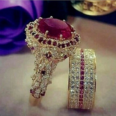Елегантен златист хип-хоп пръстен за жени, моден комплект сватбени пръстени с инкрустиран циркон и червени камъни, парти, булчински годежни бижута