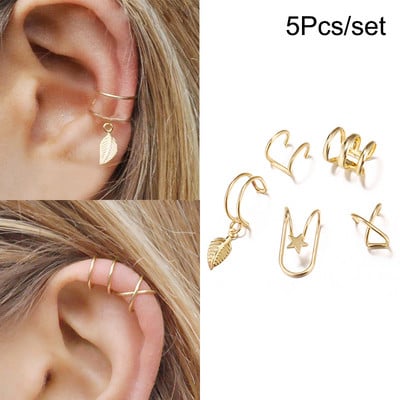 LATS Cercei cu clemă pentru urechi, cu frunze de culoare aurie, negru, fără piercing, pentru femei, bărbați, cercei fals pentru cartilaj, bijuterii cu manșetă cu ridicata