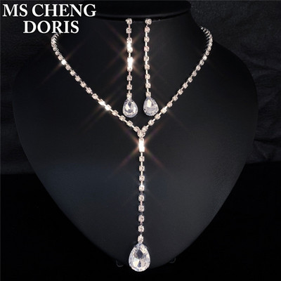 Picătură de apă pandantiv lung cu stras Colier și cercei placat cu argint cu cristal complet Set de bijuterii pentru nuntă elegant