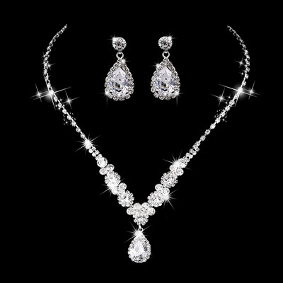 Picătură de apă pandantiv lung cu stras Colier și cercei placat cu argint cu cristal complet Set de bijuterii pentru nuntă elegant