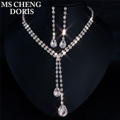 Picătură de apă pandantiv lung cu stras Colier și cercei placat cu argint cu cristal complet Set de bijuterii pentru nuntă elegant