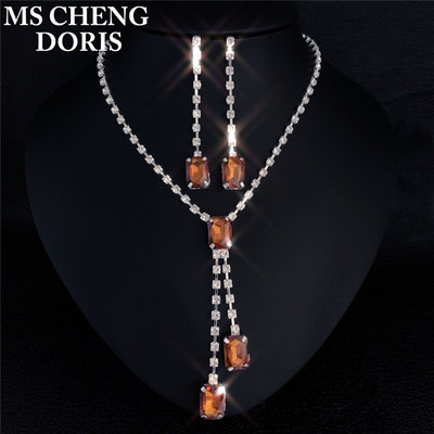 Picătură de apă pandantiv lung cu stras Colier și cercei placat cu argint cu cristal complet Set de bijuterii pentru nuntă elegant