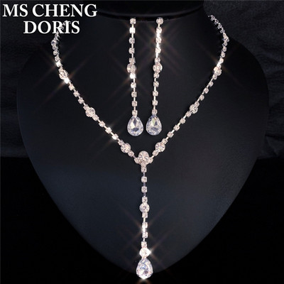 Picătură de apă pandantiv lung cu stras Colier și cercei placat cu argint cu cristal complet Set de bijuterii pentru nuntă elegant