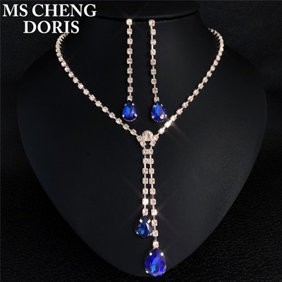 Picătură de apă pandantiv lung cu stras Colier și cercei placat cu argint cu cristal complet Set de bijuterii pentru nuntă elegant
