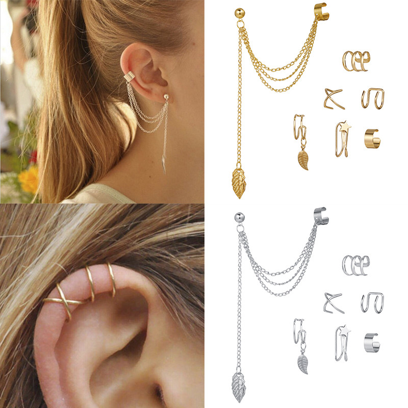 LATS Сребърни цветни обеци с щипки с листа за жени, мъже Creative Simple C Ear Cuff Непробиващи уши Комплект щипки за уши Trend Jewelry Gift