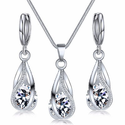 Colier de modă de culoare argintie, cercei, seturi de bijuterii din zirconiu cubic, bijuterii elegante cu zircon, din cristal, set de bijuterii de nuntă pentru femei