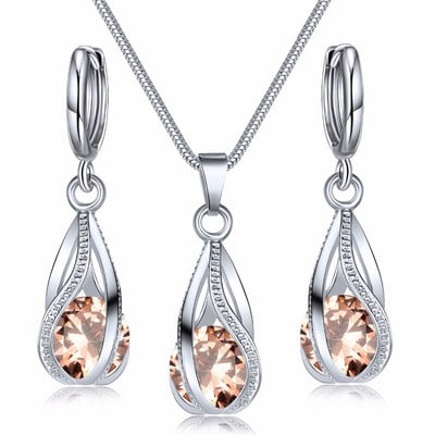 Colier de modă de culoare argintie, cercei, seturi de bijuterii din zirconiu cubic, bijuterii elegante cu zircon, din cristal, set de bijuterii de nuntă pentru femei