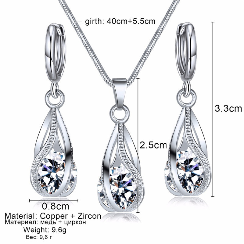 Colier de modă de culoare argintie, cercei, seturi de bijuterii din zirconiu cubic, bijuterii elegante cu zircon, din cristal, set de bijuterii de nuntă pentru femei