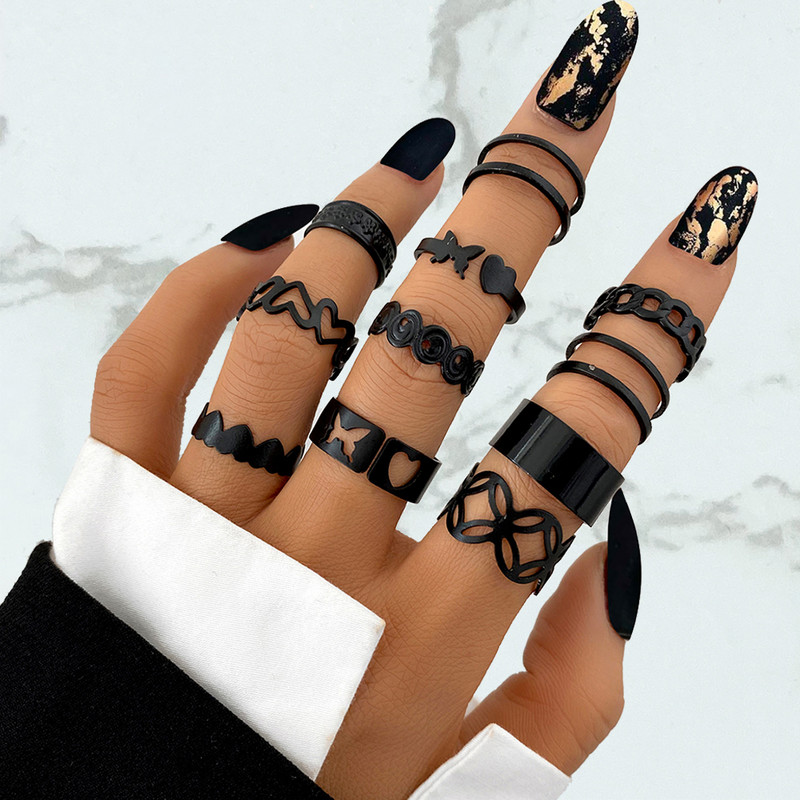 Senovinių gotikinių metalinių žiedų rinkinys moterims, merginoms, geometrinis retro stiliaus kelių pirštų žiedas, gyvatė, madingi papuošalai