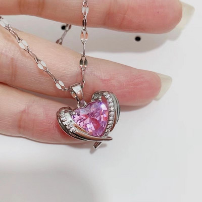 Моден комплект обеци за жени / колиета с форма на сърце, циркон, розов кристал, колие, висулка, дамски бижута, подарък за годишнина