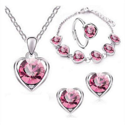 Моден комплект обеци за жени / колиета с форма на сърце, циркон, розов кристал, колие, висулка, дамски бижута, подарък за годишнина