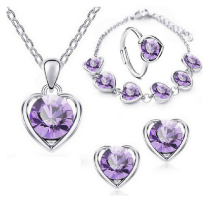 Моден комплект обеци за жени / колиета с форма на сърце, циркон, розов кристал, колие, висулка, дамски бижута, подарък за годишнина