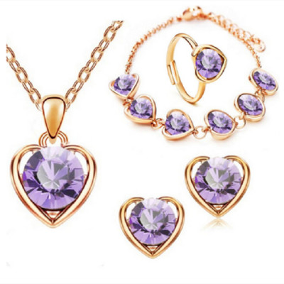 Моден комплект обеци за жени / колиета с форма на сърце, циркон, розов кристал, колие, висулка, дамски бижута, подарък за годишнина
