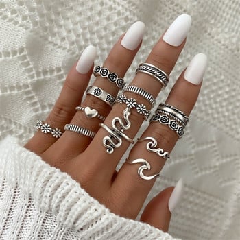 Hiphop Vintage Silver Color Poker Angel Wings Пръстени за пръсти за жени Punk Heart Butterfly Boho Knuckle Ring Sets Trend Jewelry