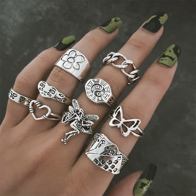 Hiphop vintage sidabro spalvos Pokerio angelo sparnai pirštų žiedai moterims Punk Heart Butterfly Boho Knuckle Ring rinkiniai madingi papuošalai