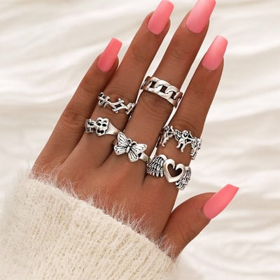 Hiphop Vintage de culoare argintie poker aripi de înger inele pentru femei punk inimă fluture boho knuckle inele set bijuterii trend