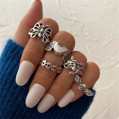 Hiphop Vintage de culoare argintie poker aripi de înger inele pentru femei punk inimă fluture boho knuckle inele set bijuterii trend
