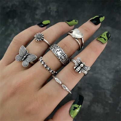 Hiphop Vintage de culoare argintie poker aripi de înger inele pentru femei punk inimă fluture boho knuckle inele set bijuterii trend