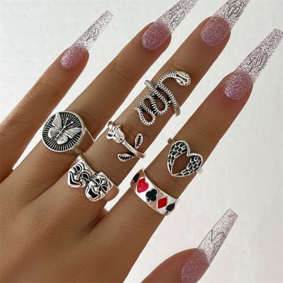 Hiphop Vintage de culoare argintie poker aripi de înger inele pentru femei punk inimă fluture boho knuckle inele set bijuterii trend