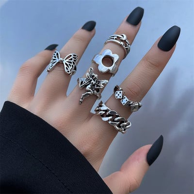 Hiphop Vintage de culoare argintie poker aripi de înger inele pentru femei punk inimă fluture boho knuckle inele set bijuterii trend