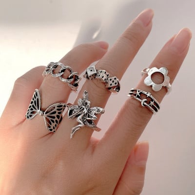 Hiphop Vintage de culoare argintie poker aripi de înger inele pentru femei punk inimă fluture boho knuckle inele set bijuterii trend