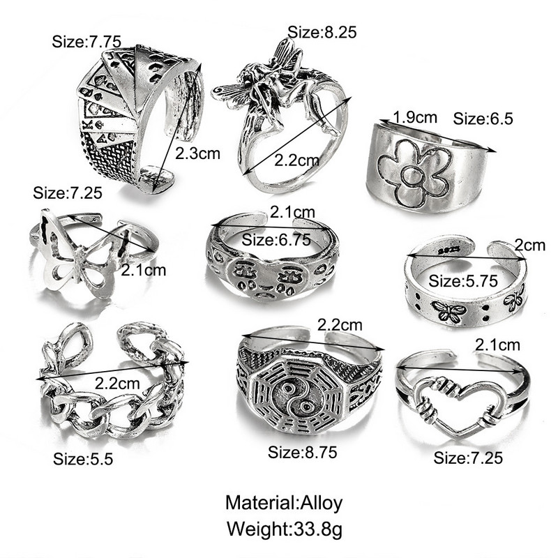 Hiphop Vintage de culoare argintie poker aripi de înger inele pentru femei punk inimă fluture boho knuckle inele set bijuterii trend