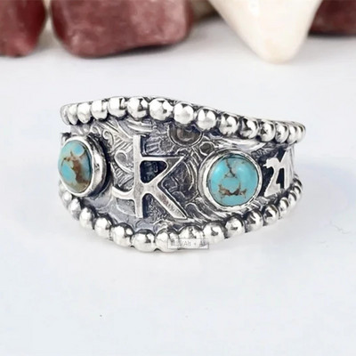 Vintage turski pečatni prsten za muškarce, žene Antikni srebrni prsten s izrezbarenim orlom i intarziranim zelenim cirkonom Punk prsten s lokomotivom