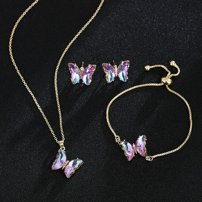 GMGYQ Butterfly Glass Medžiaga Romantiški papuošalai Apyrankės karoliai auskarų rinkinys moterims Vestuvinės vakarienės suknelės aksesuarai