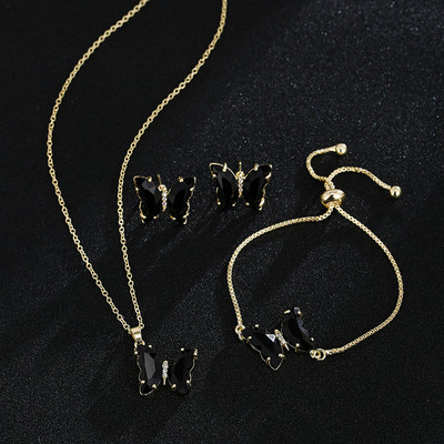 GMGYQ Материал пеперуда Стъкло Романтични бижута Гривна Колие Комплект обеци за жени Аксесоари за рокля за сватбена вечеря