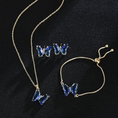 GMGYQ Материал пеперуда Стъкло Романтични бижута Гривна Колие Комплект обеци за жени Аксесоари за рокля за сватбена вечеря