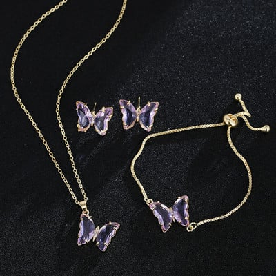 GMGYQ Материал пеперуда Стъкло Романтични бижута Гривна Колие Комплект обеци за жени Аксесоари за рокля за сватбена вечеря