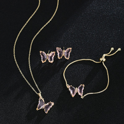 GMGYQ Материал пеперуда Стъкло Романтични бижута Гривна Колие Комплект обеци за жени Аксесоари за рокля за сватбена вечеря