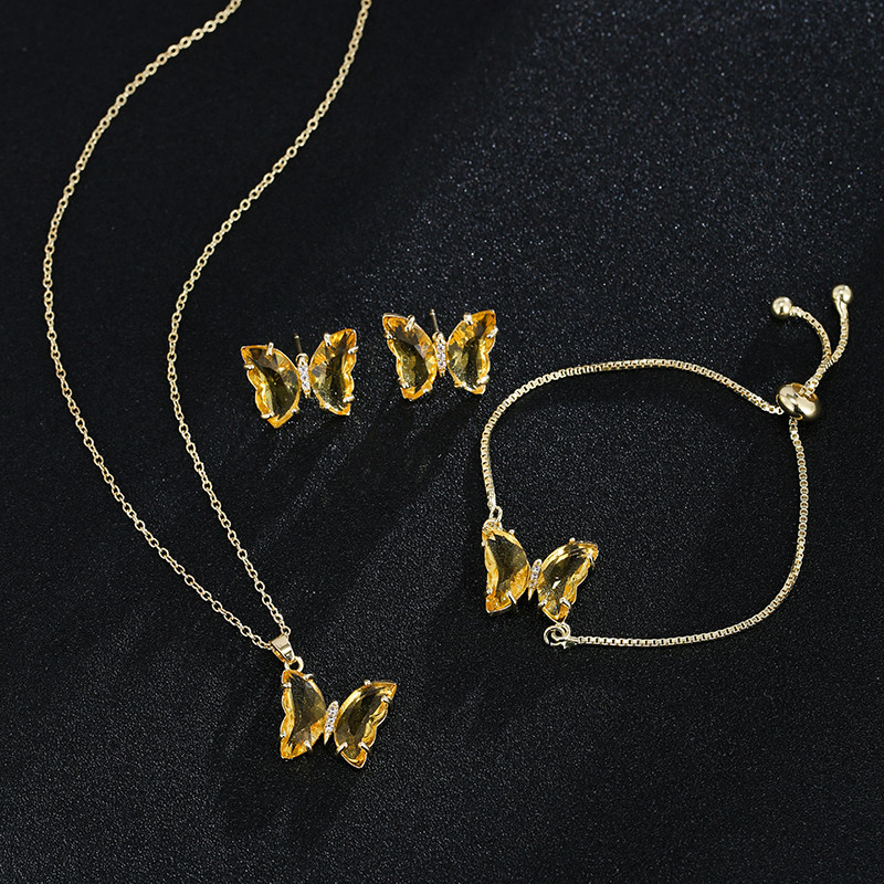GMGYQ Материал пеперуда Стъкло Романтични бижута Гривна Колие Комплект обеци за жени Аксесоари за рокля за сватбена вечеря