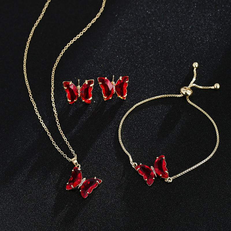GMGYQ Материал пеперуда Стъкло Романтични бижута Гривна Колие Комплект обеци за жени Аксесоари за рокля за сватбена вечеря
