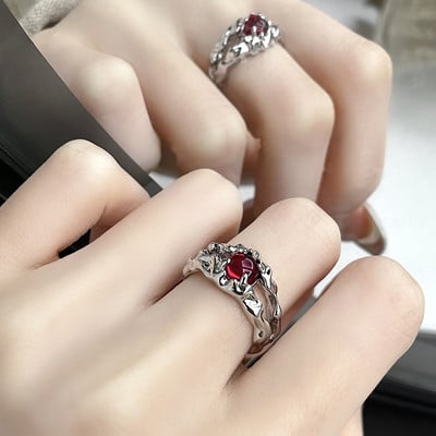 Inele neregulate de piatră Y2K estetic animal roșu inel de piatră pentru femei Egirl Vintage muguri de flori Inele deschise Accesorii de bijuterii