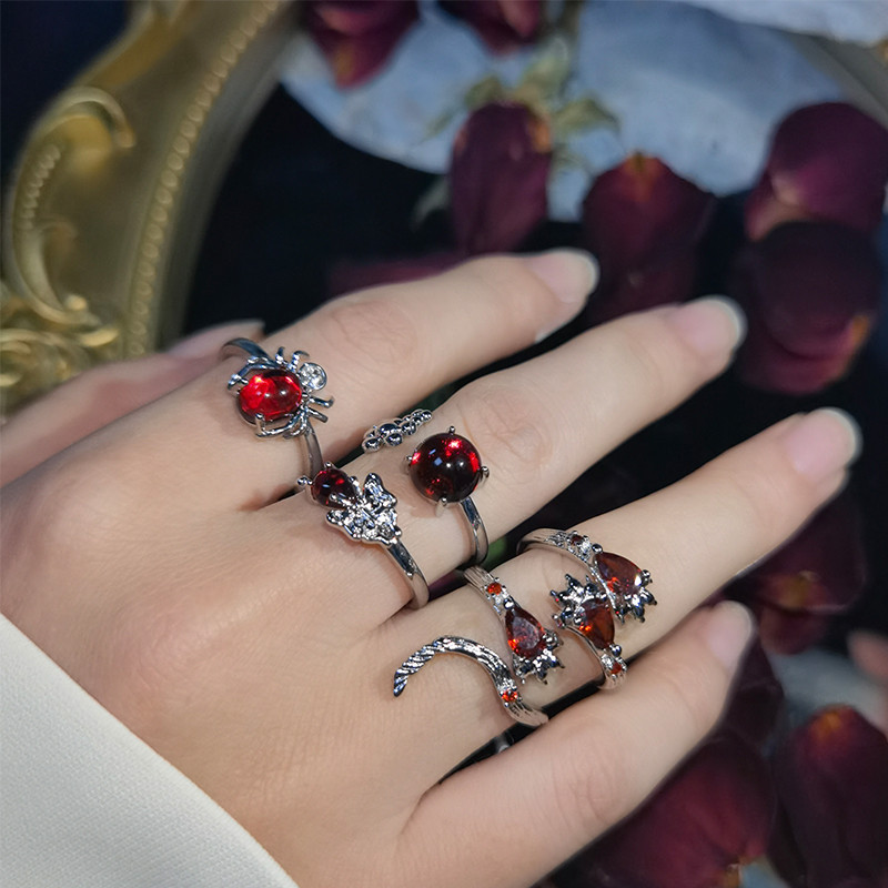 Inele neregulate de piatră Y2K estetic animal roșu inel de piatră pentru femei Egirl Vintage muguri de flori Inele deschise Accesorii de bijuterii