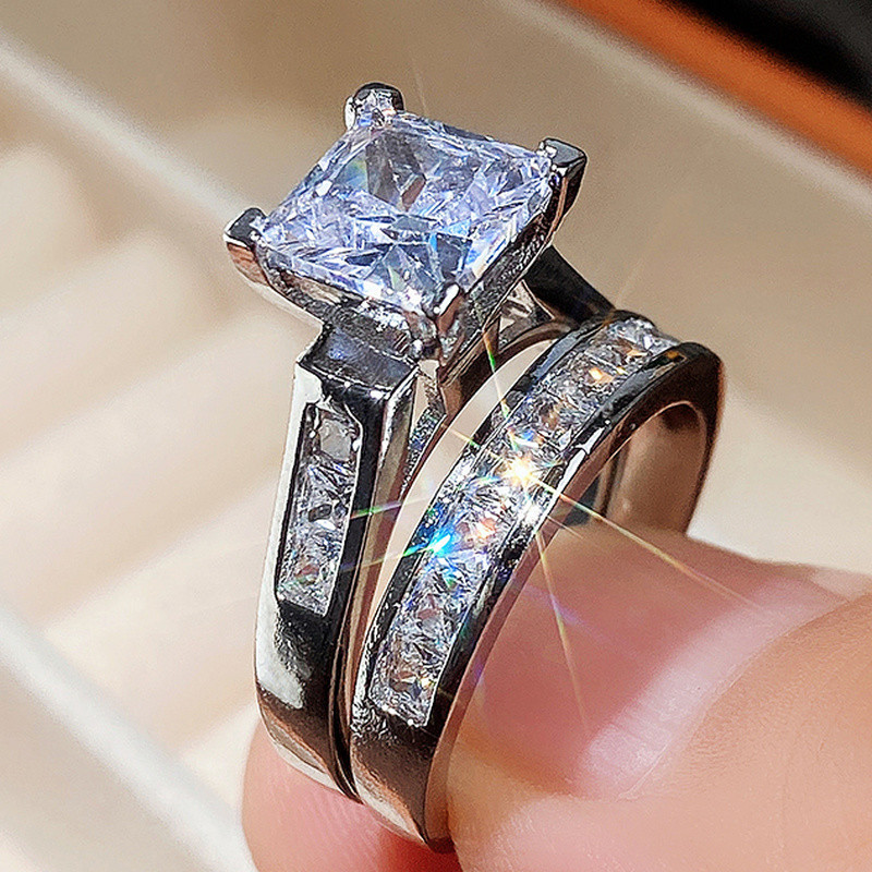CAOSHI Set de verighete la modă pentru femei, orbitor pătrat din zirconiu, set de accesorii de lux pentru damă, bijuterii delicate de mireasă la modă