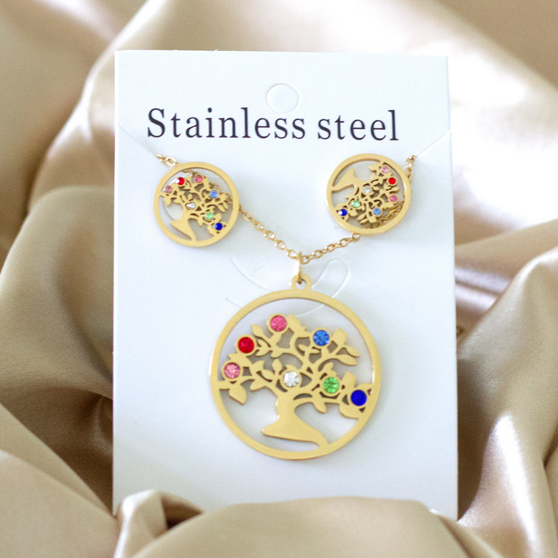 cccam spain 2023stable kerek, nagy fa mintás medál nyaklánc és fülbevaló szett rozsdamentes acél ékszerkészlet nőknek ajándék