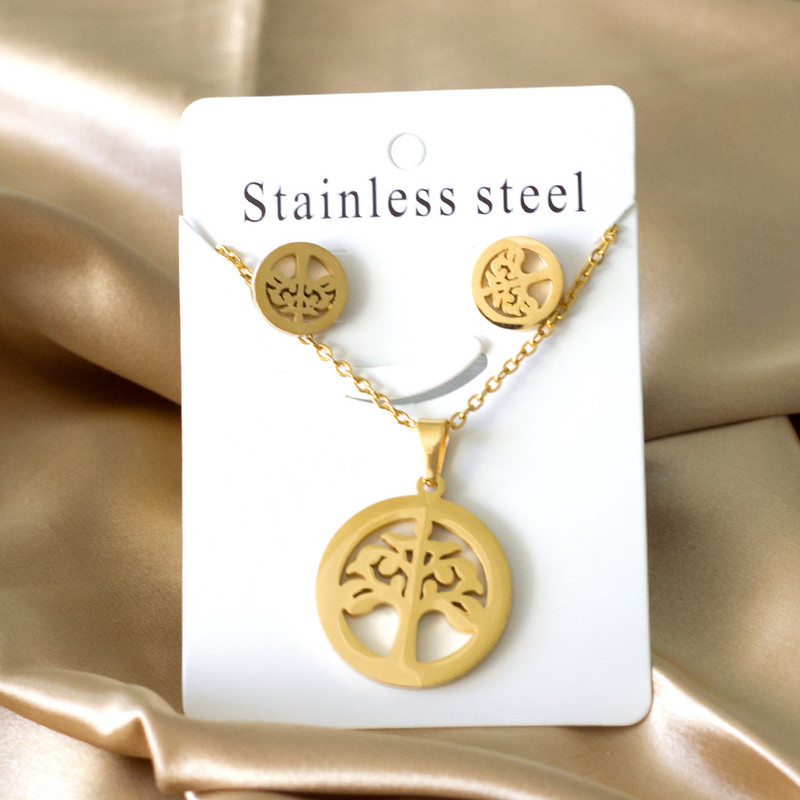 cccam spain 2023stable kerek, nagy fa mintás medál nyaklánc és fülbevaló szett rozsdamentes acél ékszerkészlet nőknek ajándék